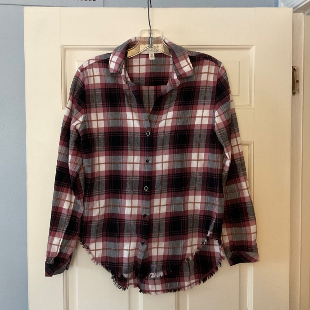Anthropologie Cloth & Stone Fringe Frayed Hem Flannel Shirt Plaid Size S